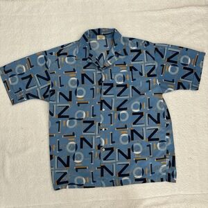 FUBU Graphic Button-Up Shirt – Blue Base with NZ, 10 & Abstract Street Print